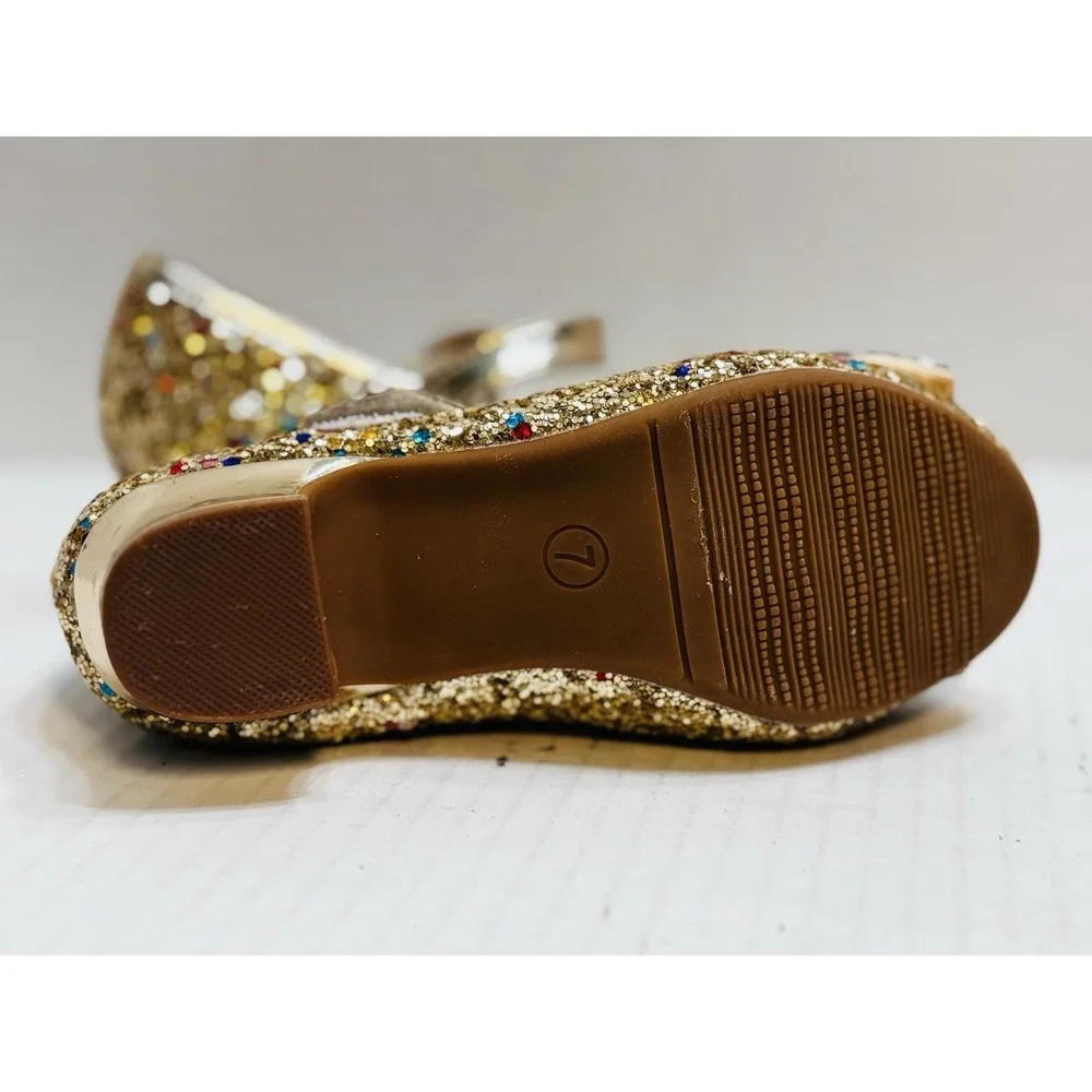 Wal-Fou Girls Gold Glitter Mary Jane Dress Shoes Rhinestone Bow Size 7 Kids